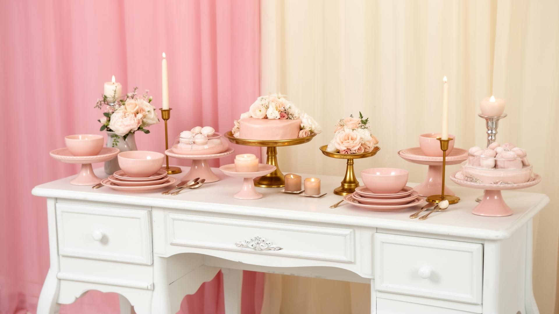 Mesa de doces com louças rosa e dourado