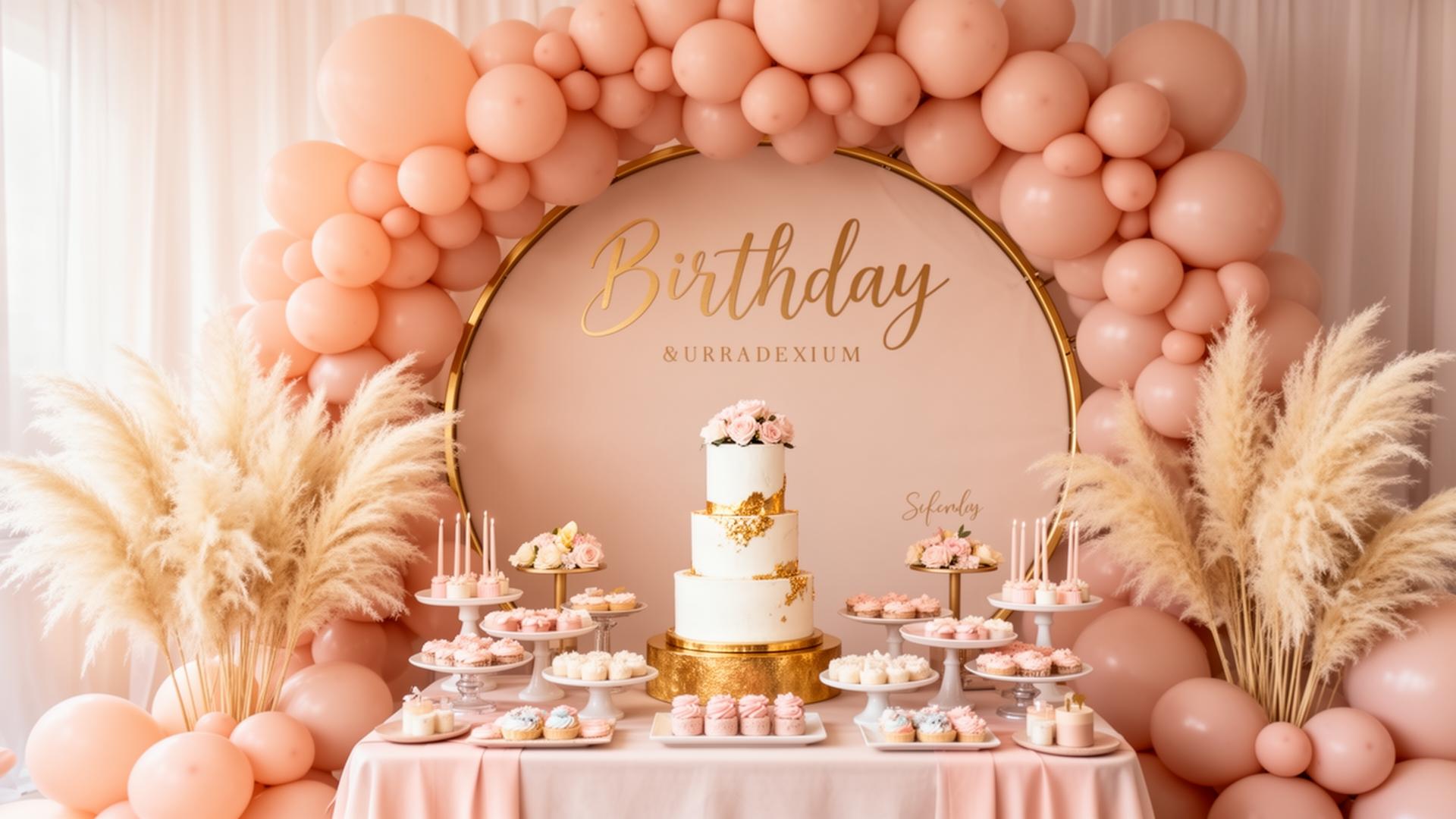 Decoração de aniversário com arco e pampas